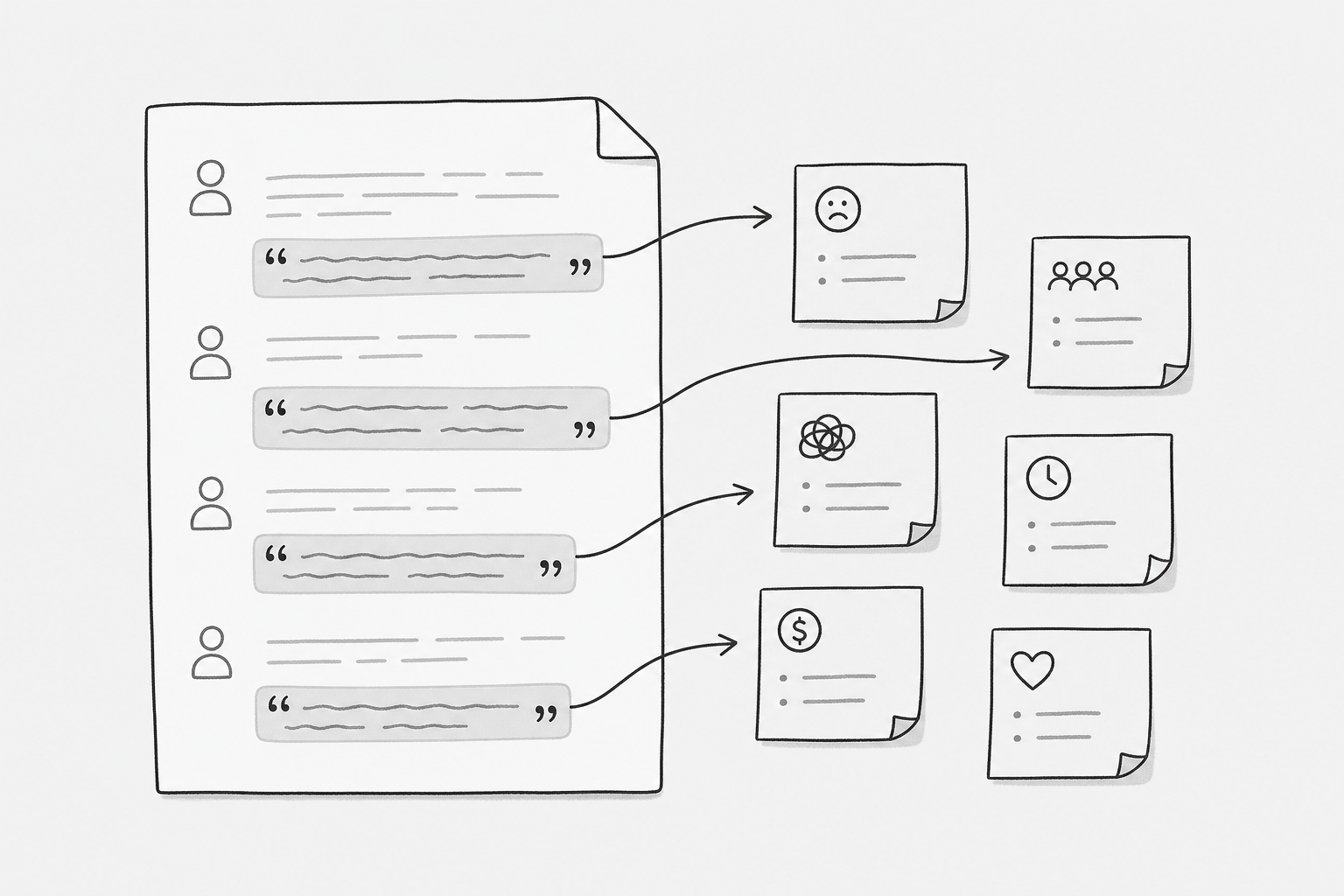 Research synthesis board with clustered interview evidence